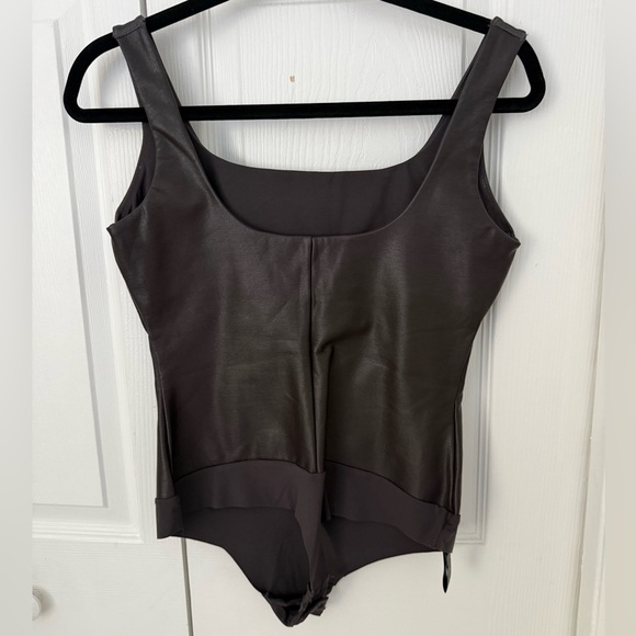SKIMS Faux Leather Bodysuit Dark Brown Square Neck Sculpting Minimalist size L - Picture 2 of 6